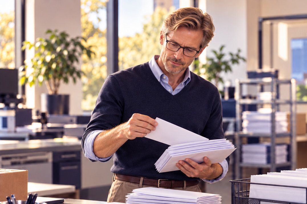 Man in glasses and a sweater sorting a stack of envelopes in an office mailroom