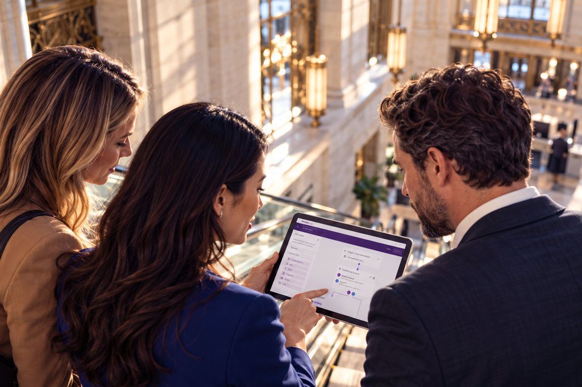 Three colleagues looking at a workflow screen on a tablet in a grand bank building interior