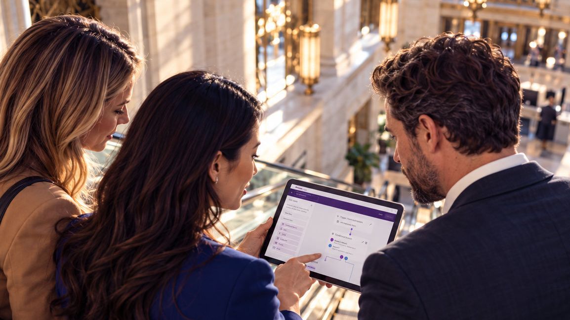 Three colleagues looking at a workflow screen on a tablet in a grand bank building interior
