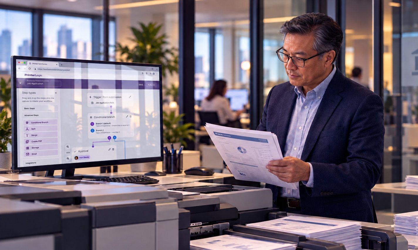 Man in a blazer reviewing a printed report beside a row of printers and a monitor showing a PrinterLogic workflow screen