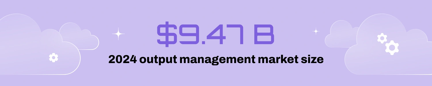 Purple background with white clouds and gears, text: "$9.47 B, 2024 output management market size."
