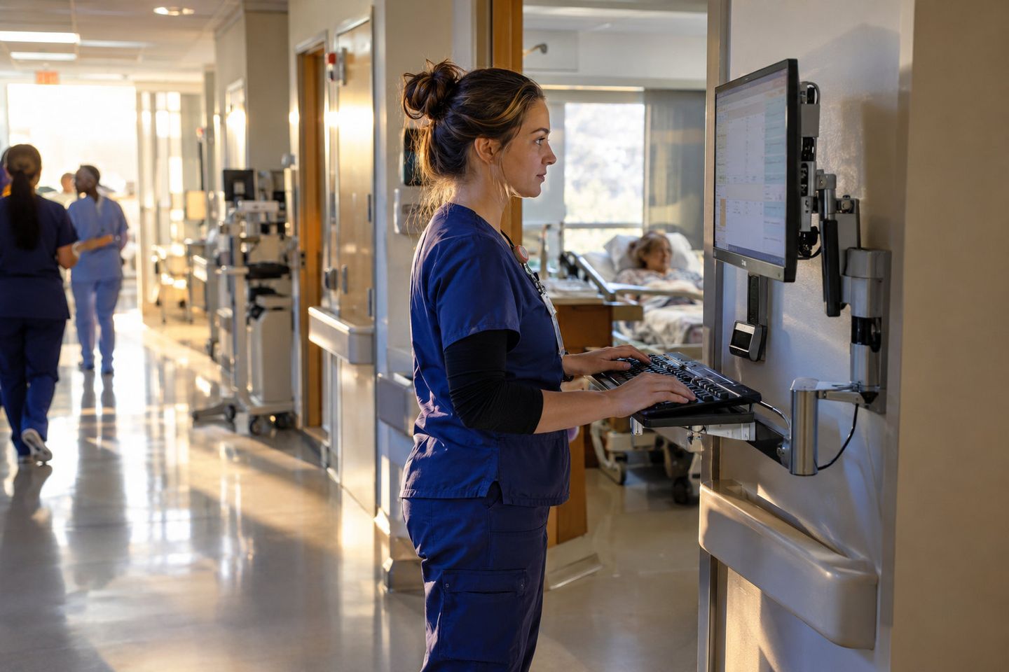 Nurse using a wall-mounted clinical workstation in a hospital corridor