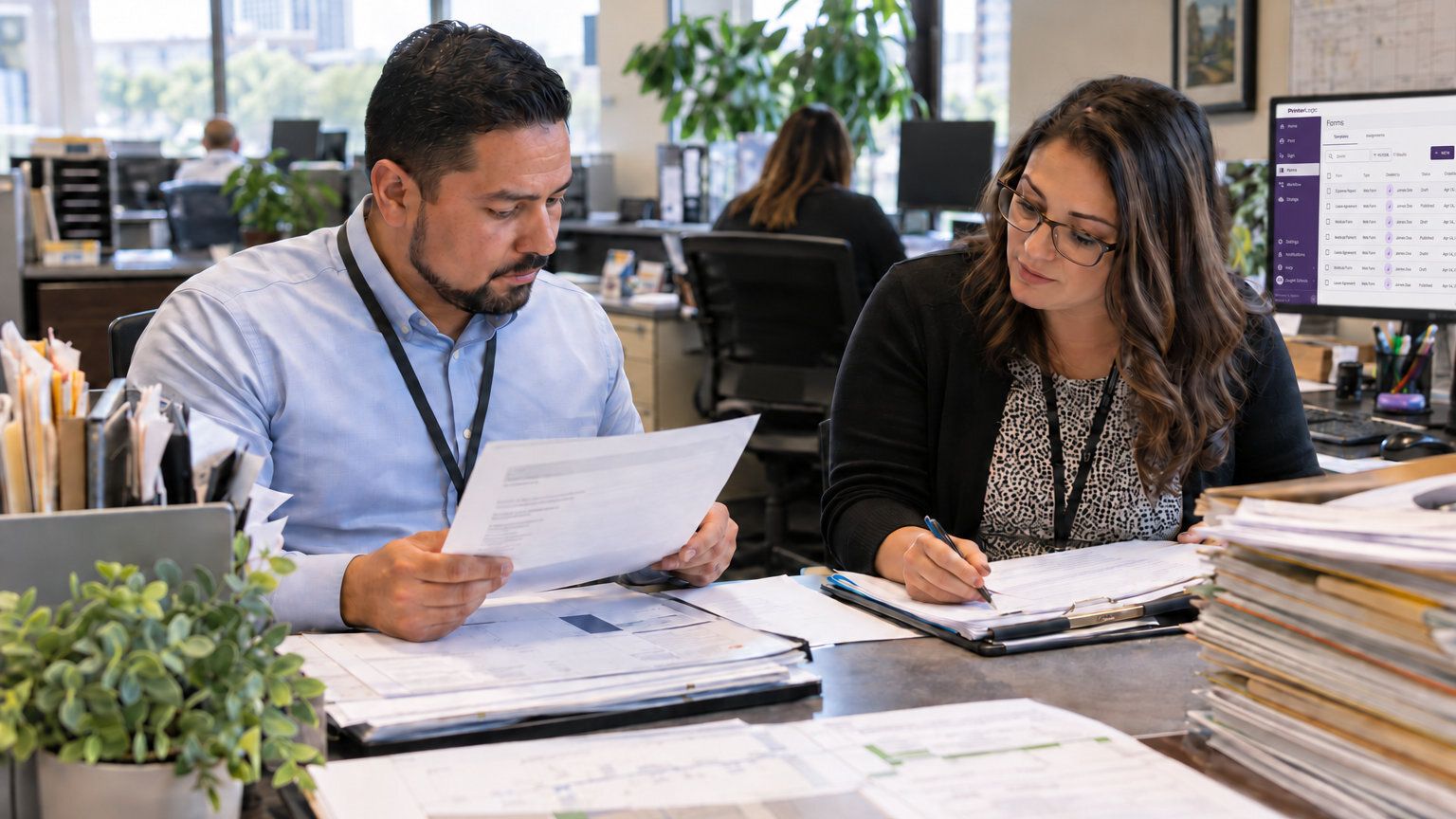 Two agency staff members review printed documents and forms together at a shared desk in an open office.