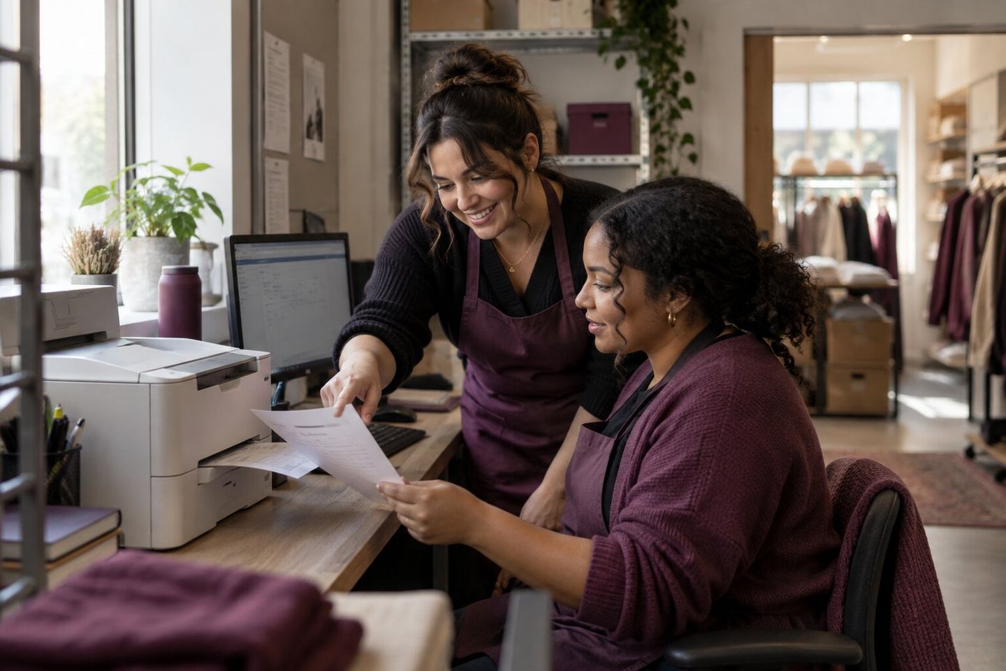 Two store employees in aprons reviewing a printed page beside an office printer