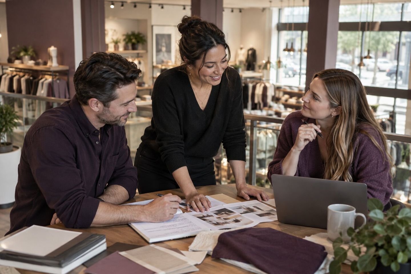 Three colleagues planning around a table with documents and a laptop above a retail store floor