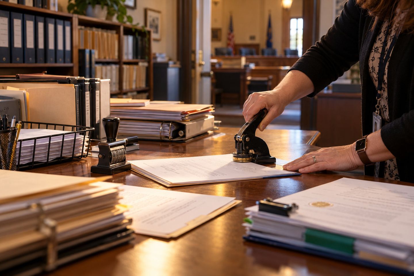A clerk presses an embossing seal onto an official document on a wooden desk surrounded by files and binders.
