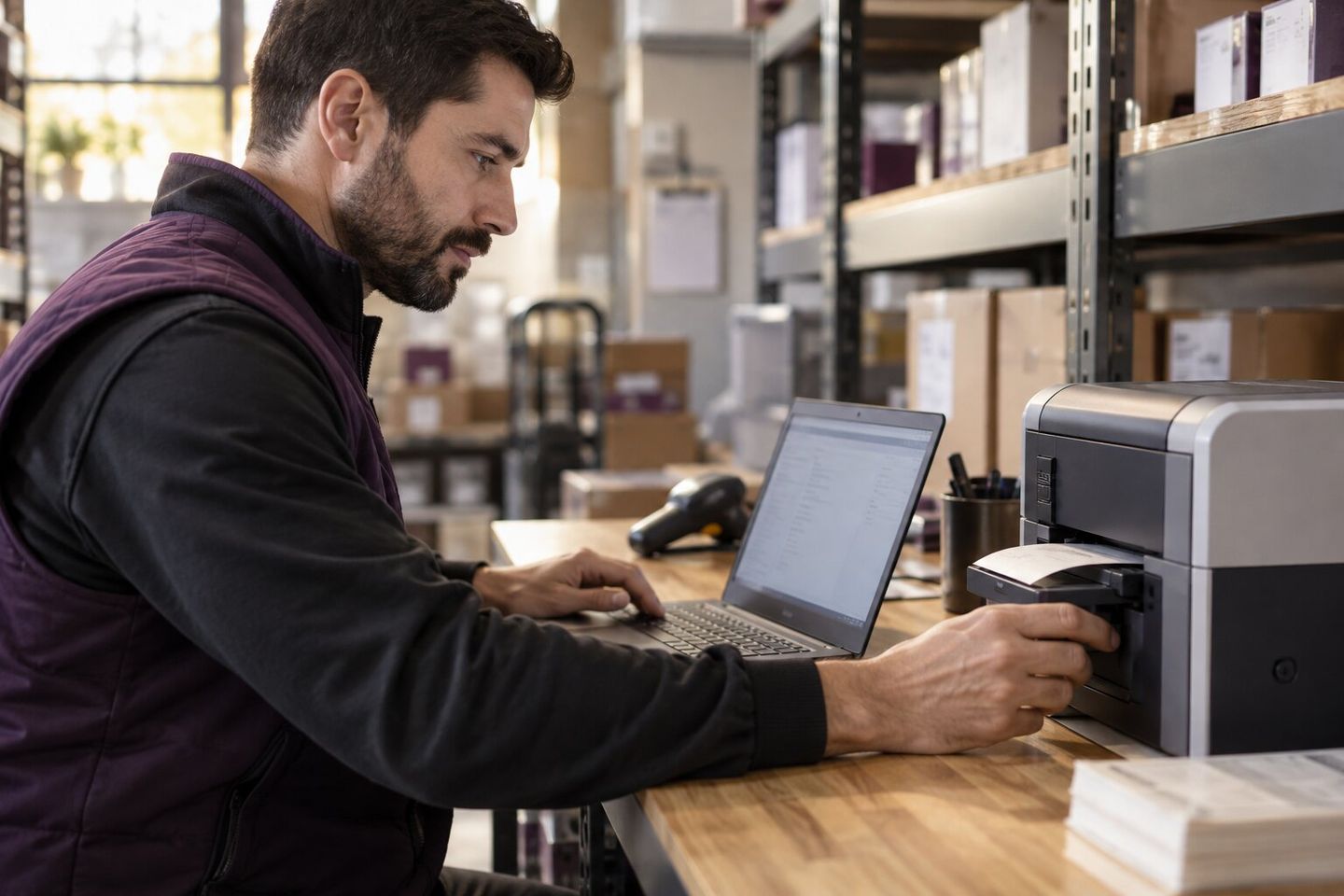 Man in a stockroom working on a laptop while pulling a printed label from a printer
