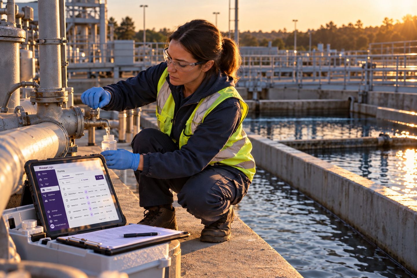 A water utility worker in a safety vest and gloves collects a water sample at a treatment plant, with a rugged tablet showing a forms app beside her.