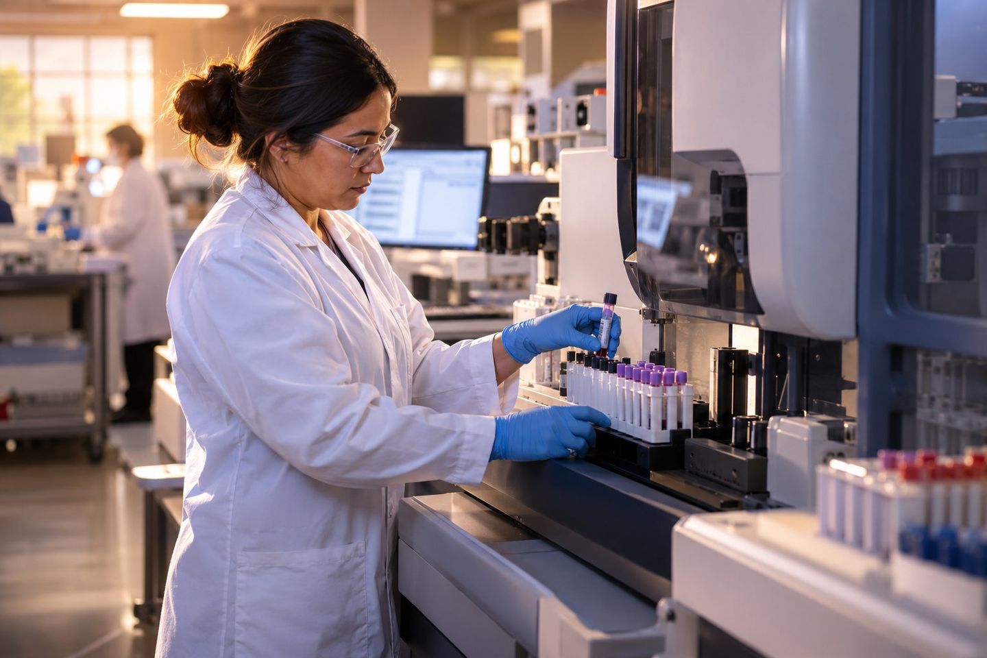 Laboratory technician loading specimen tubes into an analyzer
