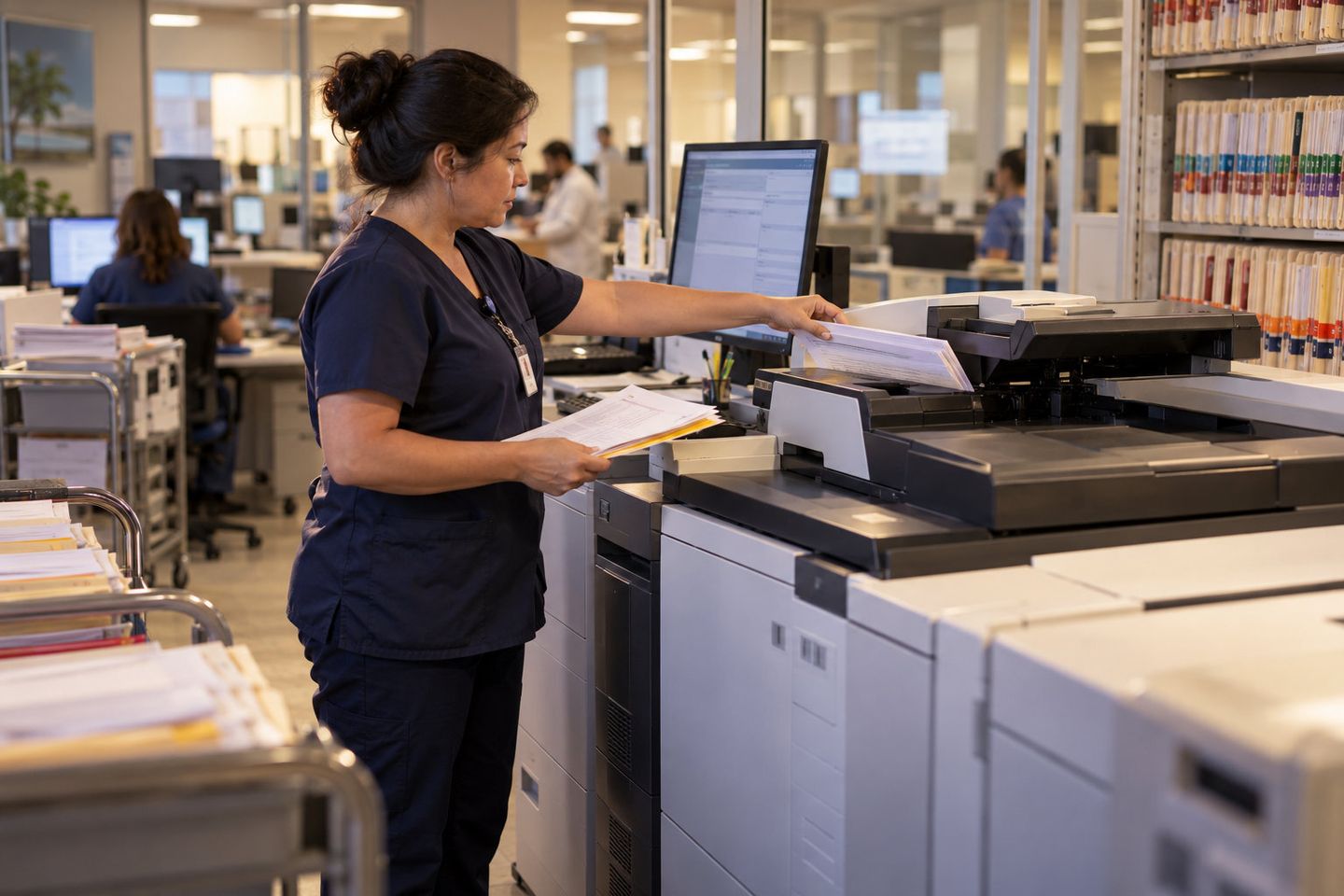 Nurse collecting printed records from a multifunction printer in a hospital records room