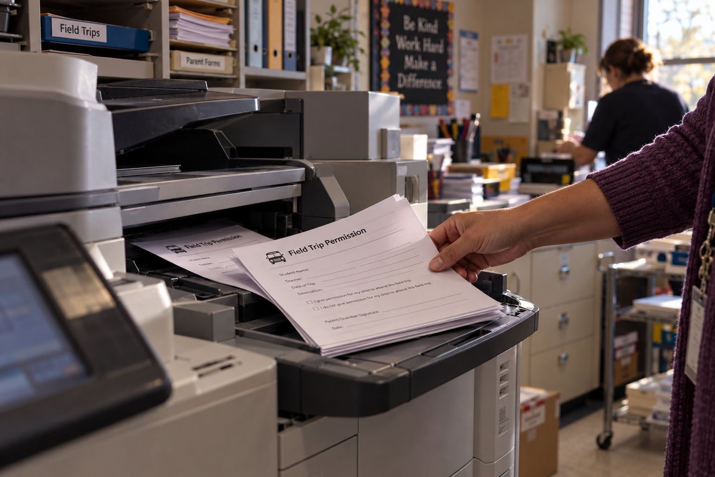 Staff member collecting field trip permission forms from a printer in a school office