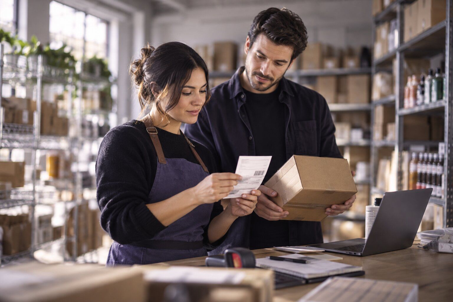 Two store employees in a stockroom checking a shipping label against a cardboard box next to a laptop
