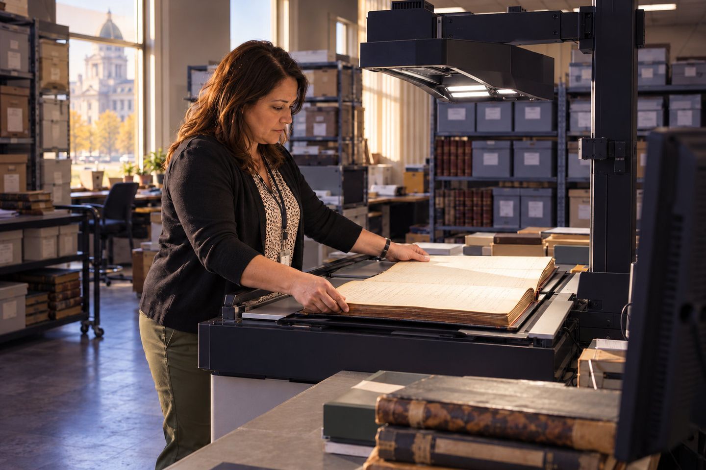 A records clerk places a large bound historical ledger on an overhead book scanner in an archive room.