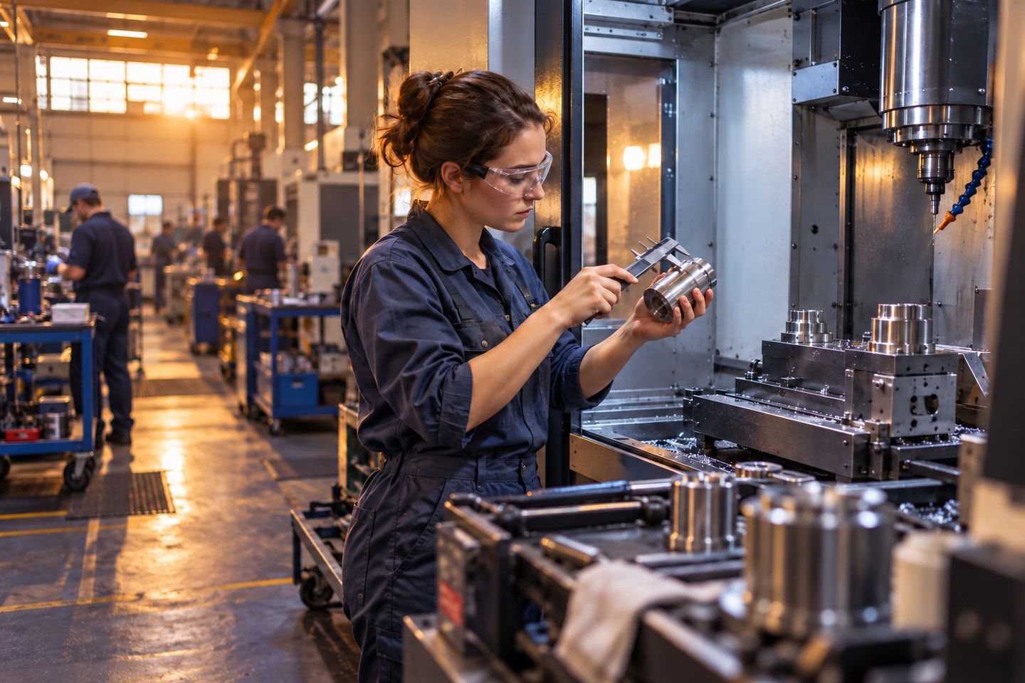 Quality inspector examining a precision-machined component