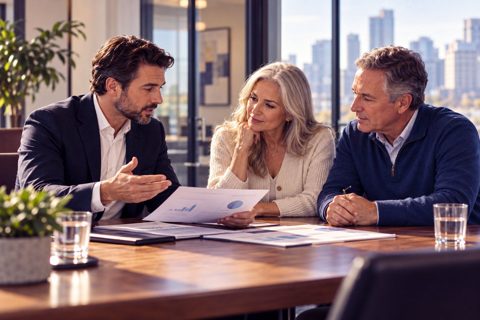 Financial advisor in a suit explaining a printed chart to an older couple at a conference table, with a city skyline through the windows