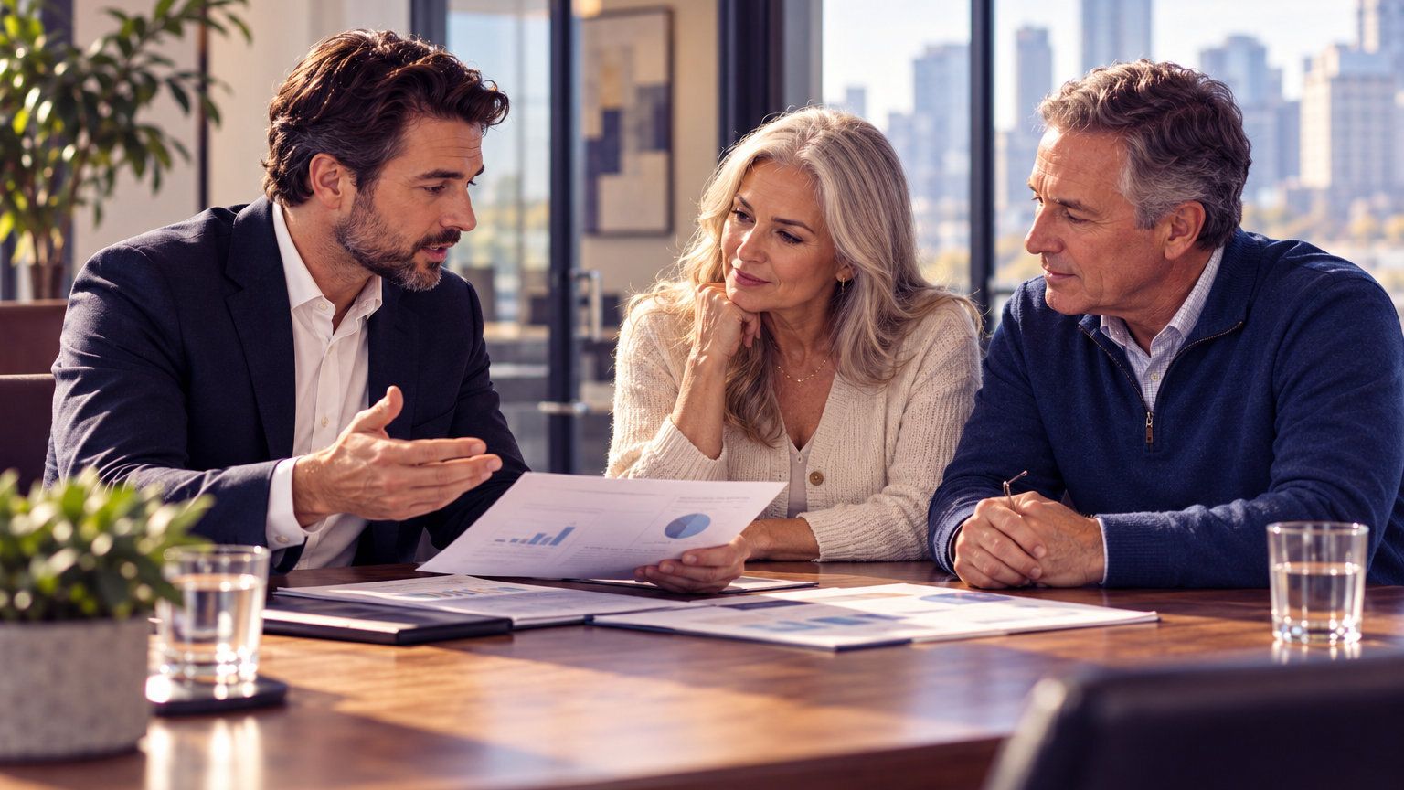 Financial advisor in a suit explaining a printed chart to an older couple at a conference table, with a city skyline through the windows