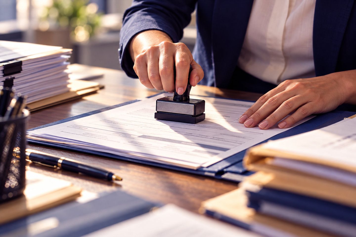 Close-up of a person in a navy blazer pressing an approval stamp onto a form on a desk.