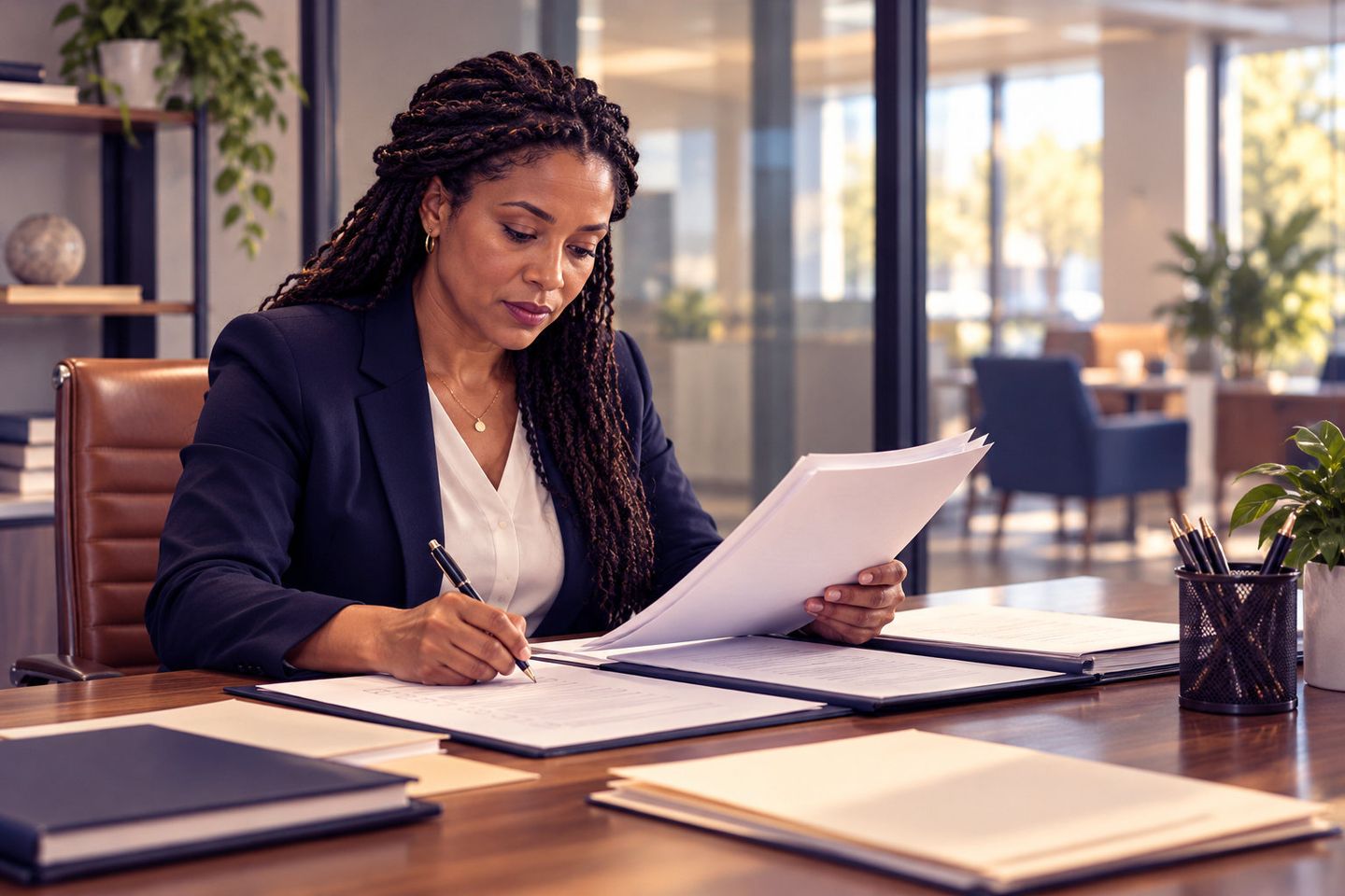 Woman in a navy blazer reviewing and signing paper documents at a wooden desk in an office