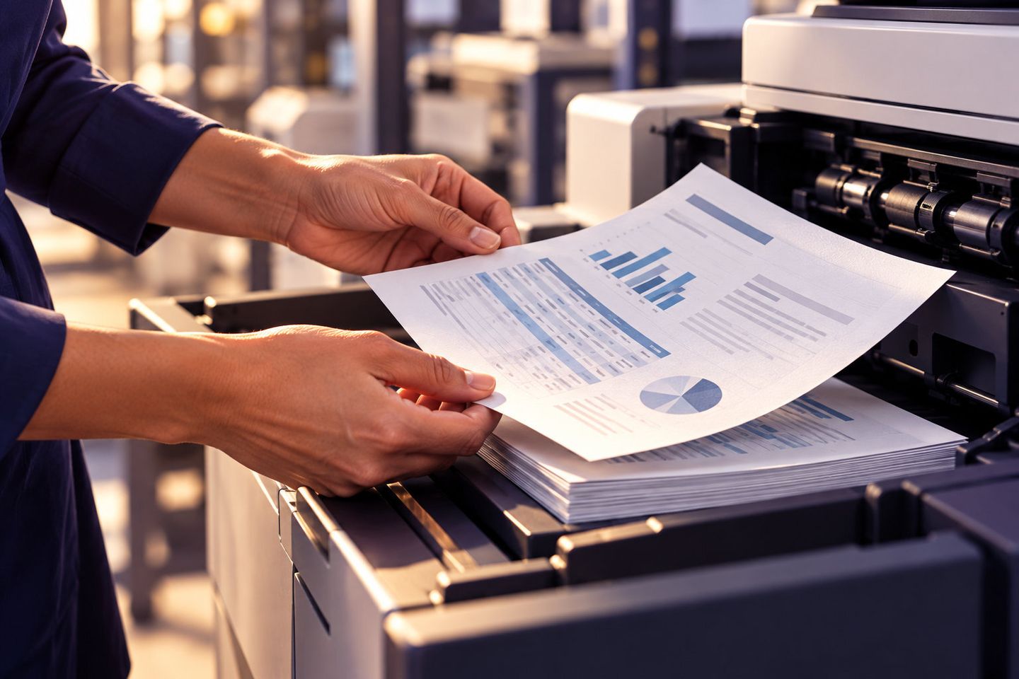 Hands picking up a printed financial report with bar and pie charts from a multifunction printer output tray
