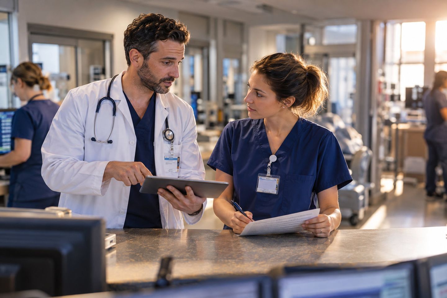 Physician and nurse reviewing information on a tablet at a nurses station