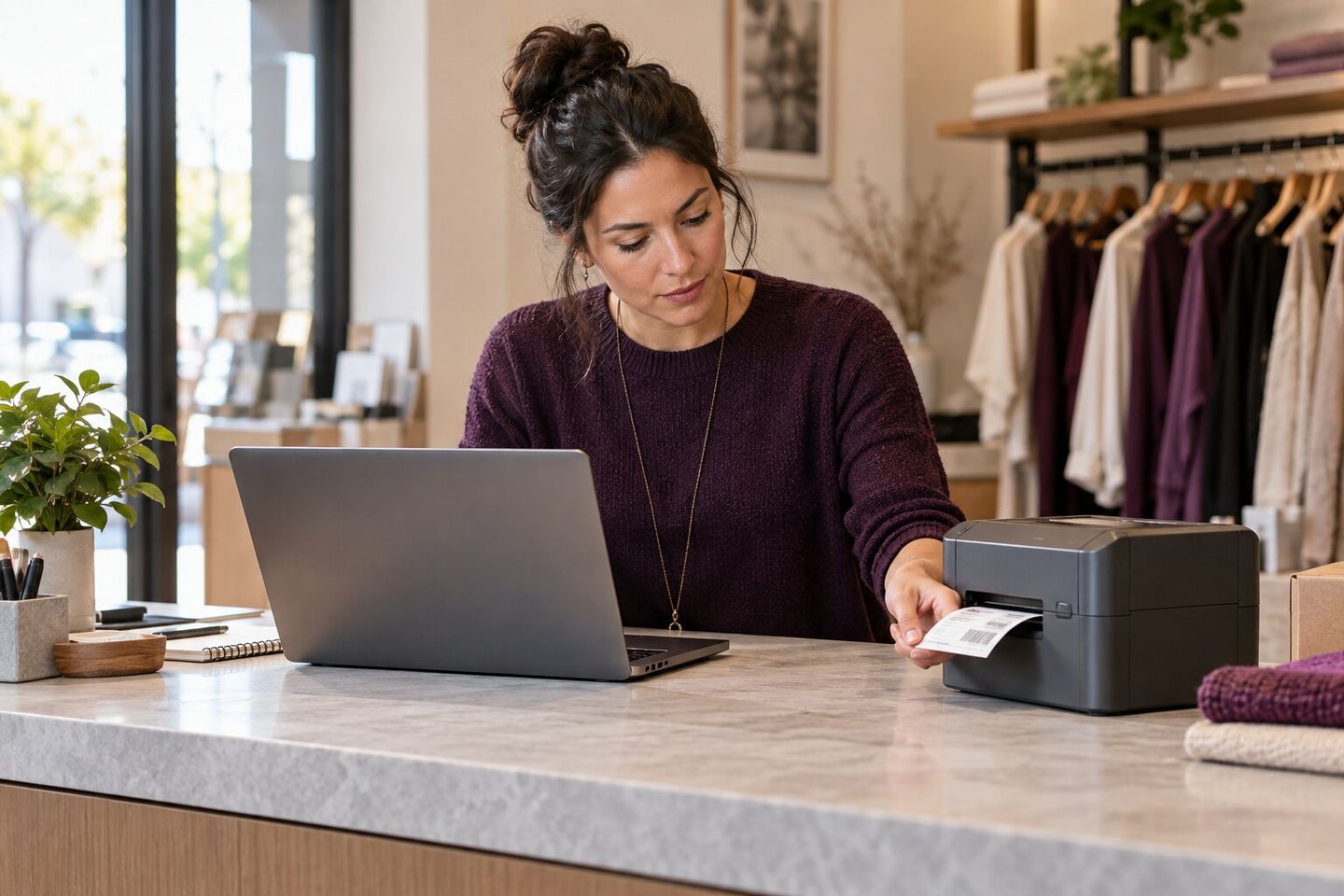 Store associate at a checkout counter using a laptop and taking a label from a label printer