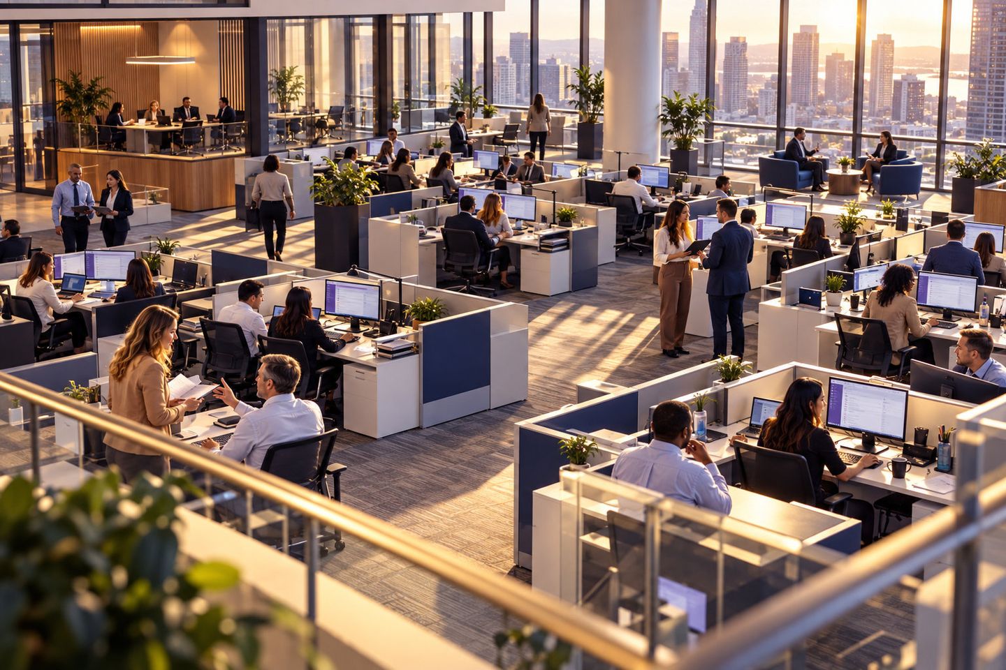 Large open-plan financial office with rows of desks and employees at computers, city skyline at sunset through the windows