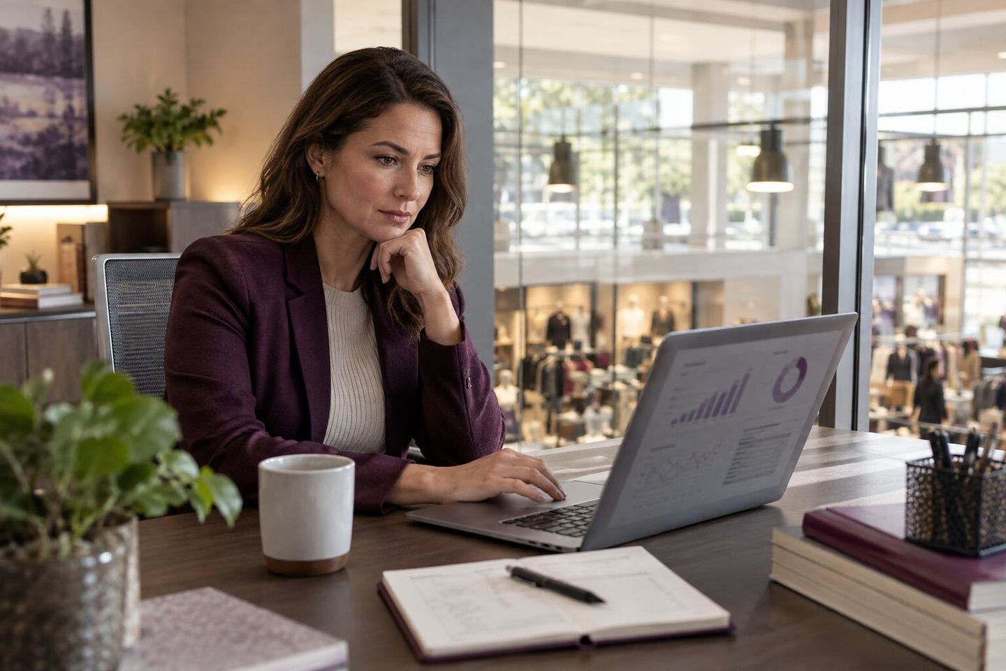 Woman in an office overlooking a store floor reviewing charts on a laptop