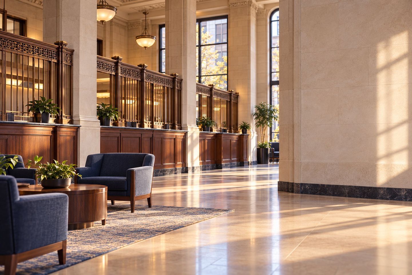 Empty bank branch lobby with marble floors, wooden teller counters, and blue armchairs in warm sunlight