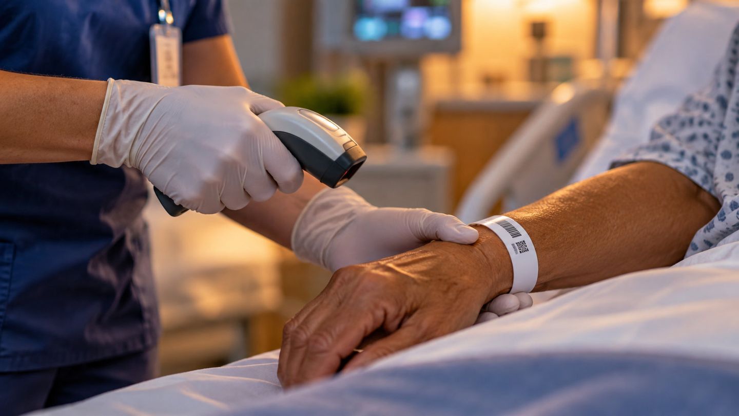 Clinician scanning a patient's wristband barcode with a handheld scanner