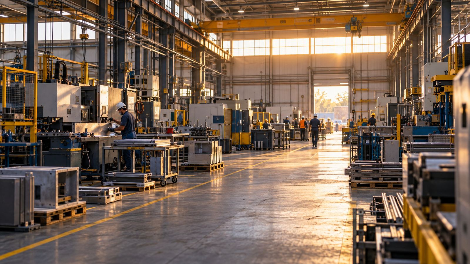 Wide view of a large factory assembly hall with machinery, pallets of metal parts, an overhead crane and workers on the floor.