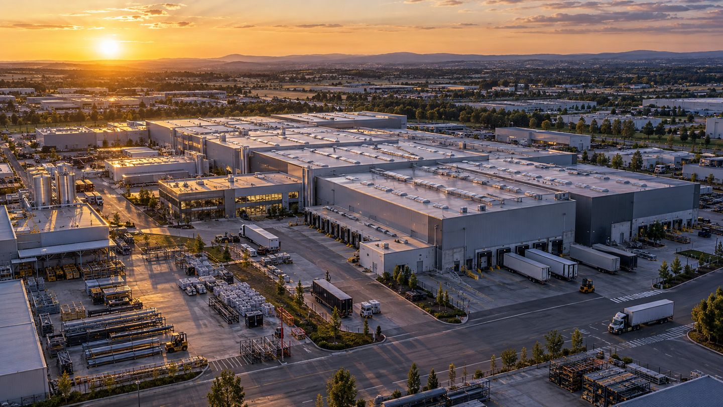 Aerial view of a manufacturing and distribution campus at sunset