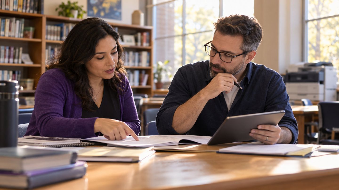 Two colleagues reviewing records and a tablet at a table in an office