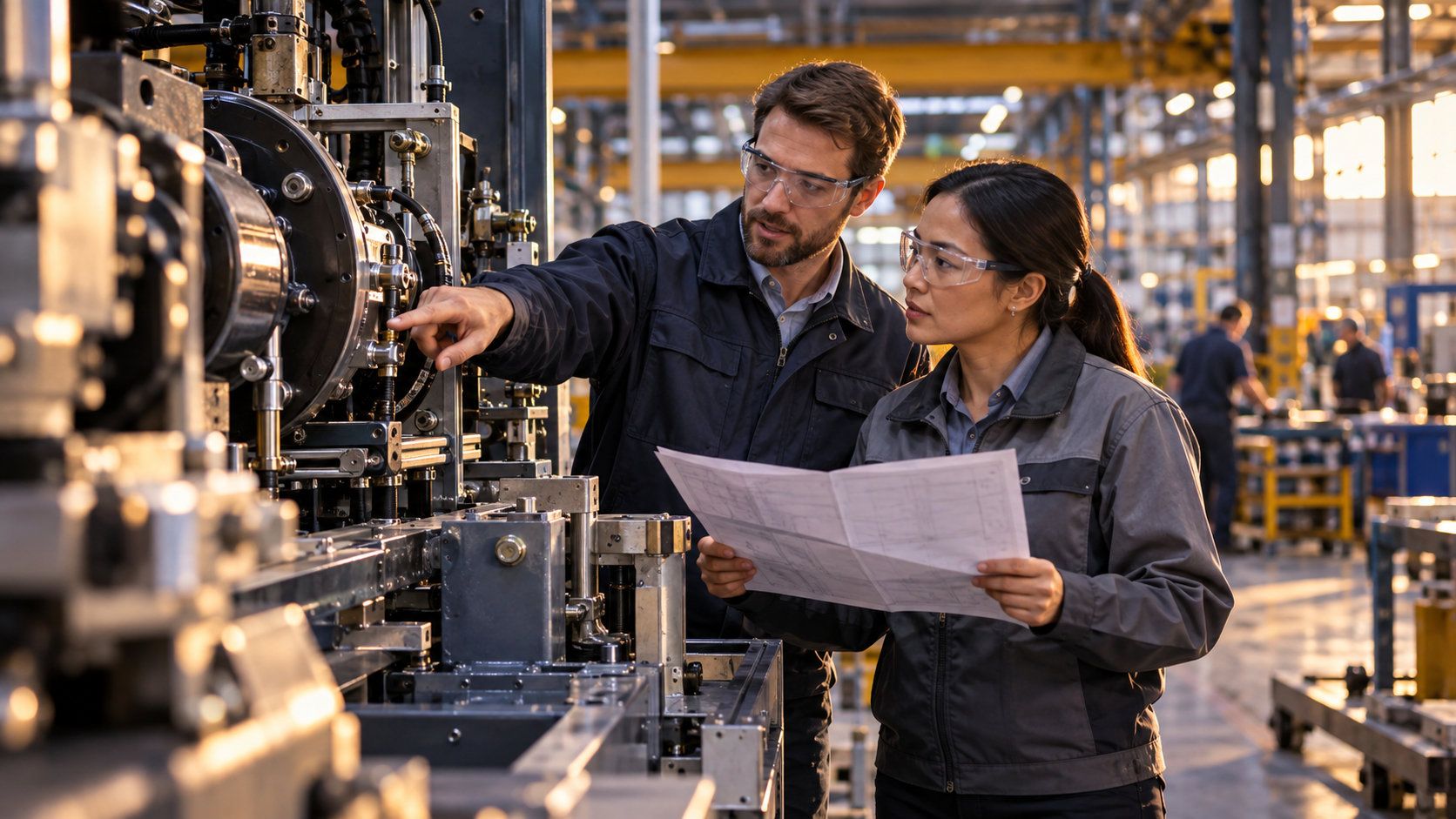 Two manufacturing engineers reviewing production documents beside plant machinery