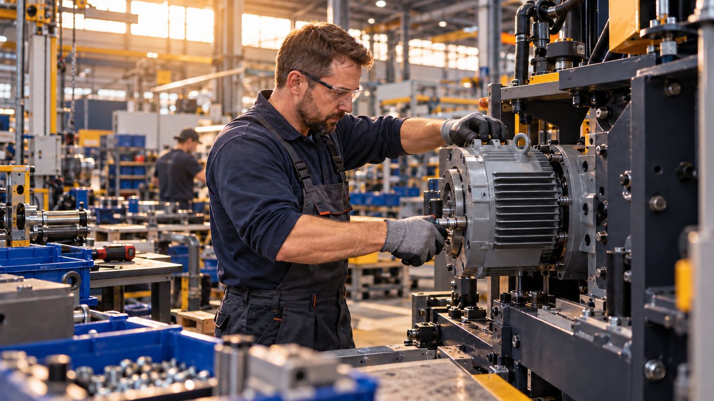 Technician performing maintenance on an industrial motor on the production floor