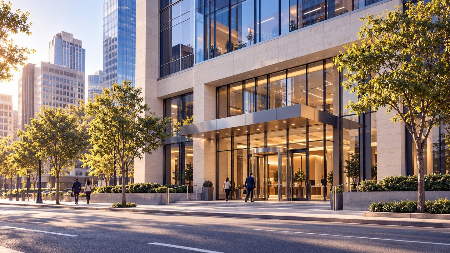 Glass and stone office building entrance on a tree-lined street in a financial district at sunset