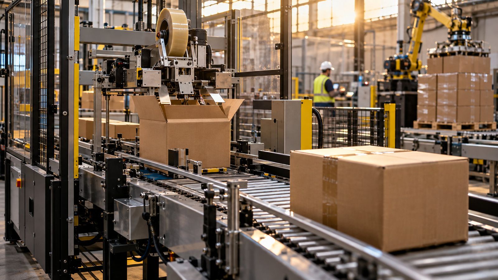 Automated packaging line taping cardboard boxes on a roller conveyor while a robotic arm stacks boxes on a pallet and a worker in a hard hat monitors the line.