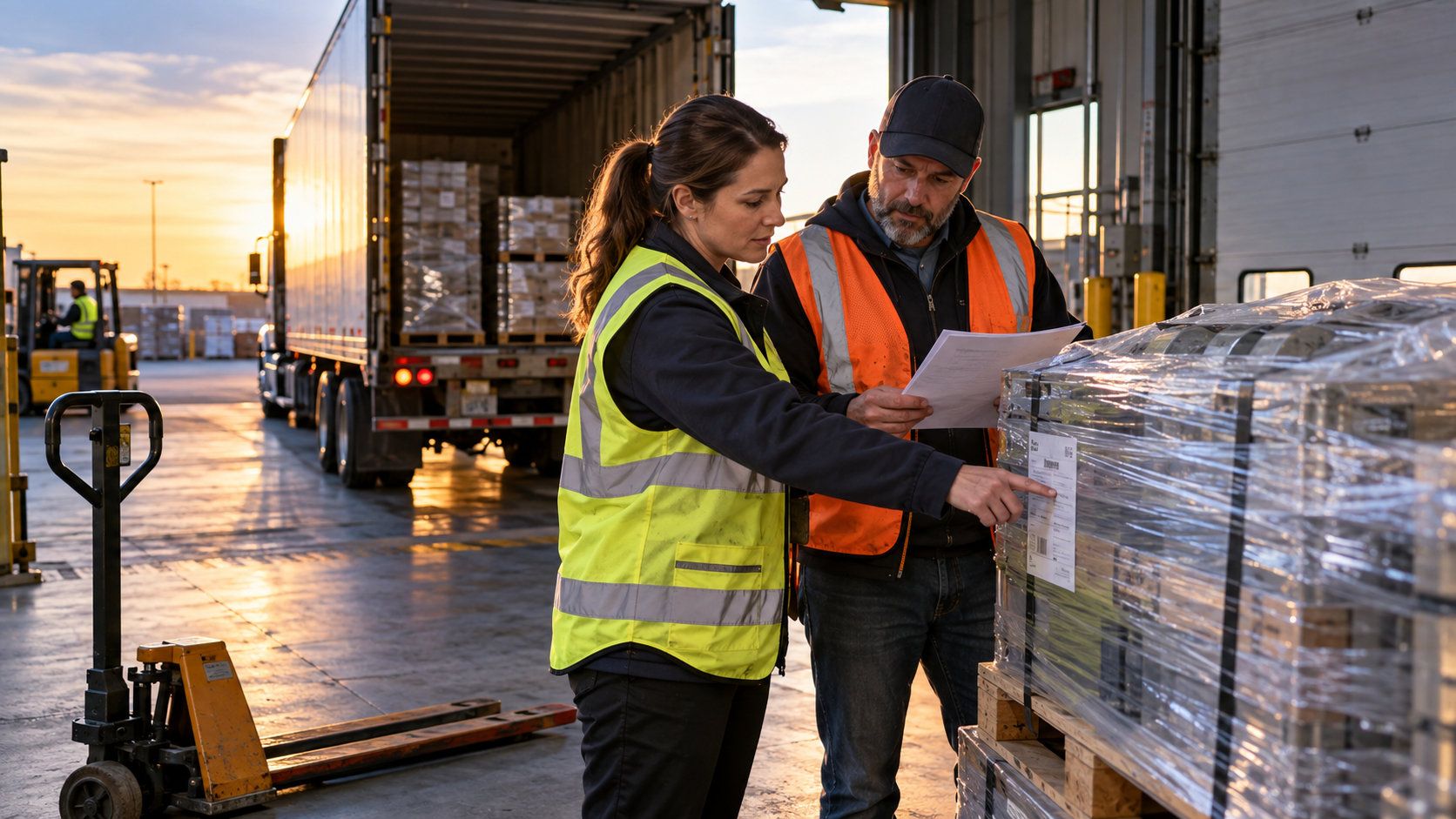 Warehouse worker checking shipping documents beside packaged goods