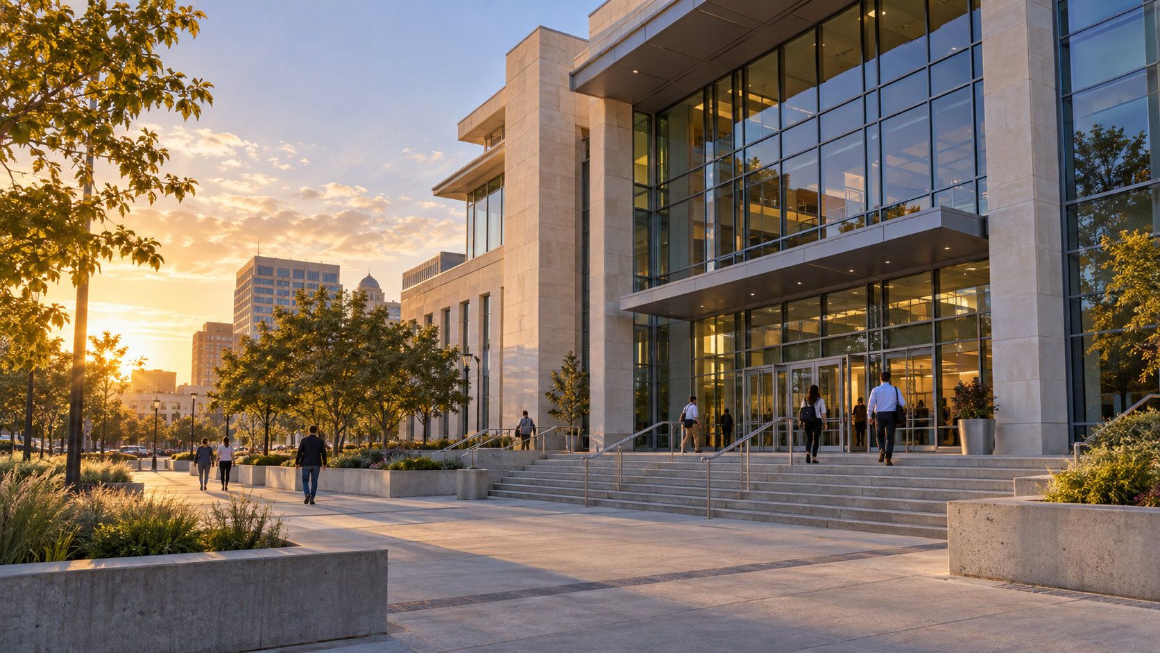 Modern stone and glass public services building at sunset, with people walking up the front steps toward the entrance.
