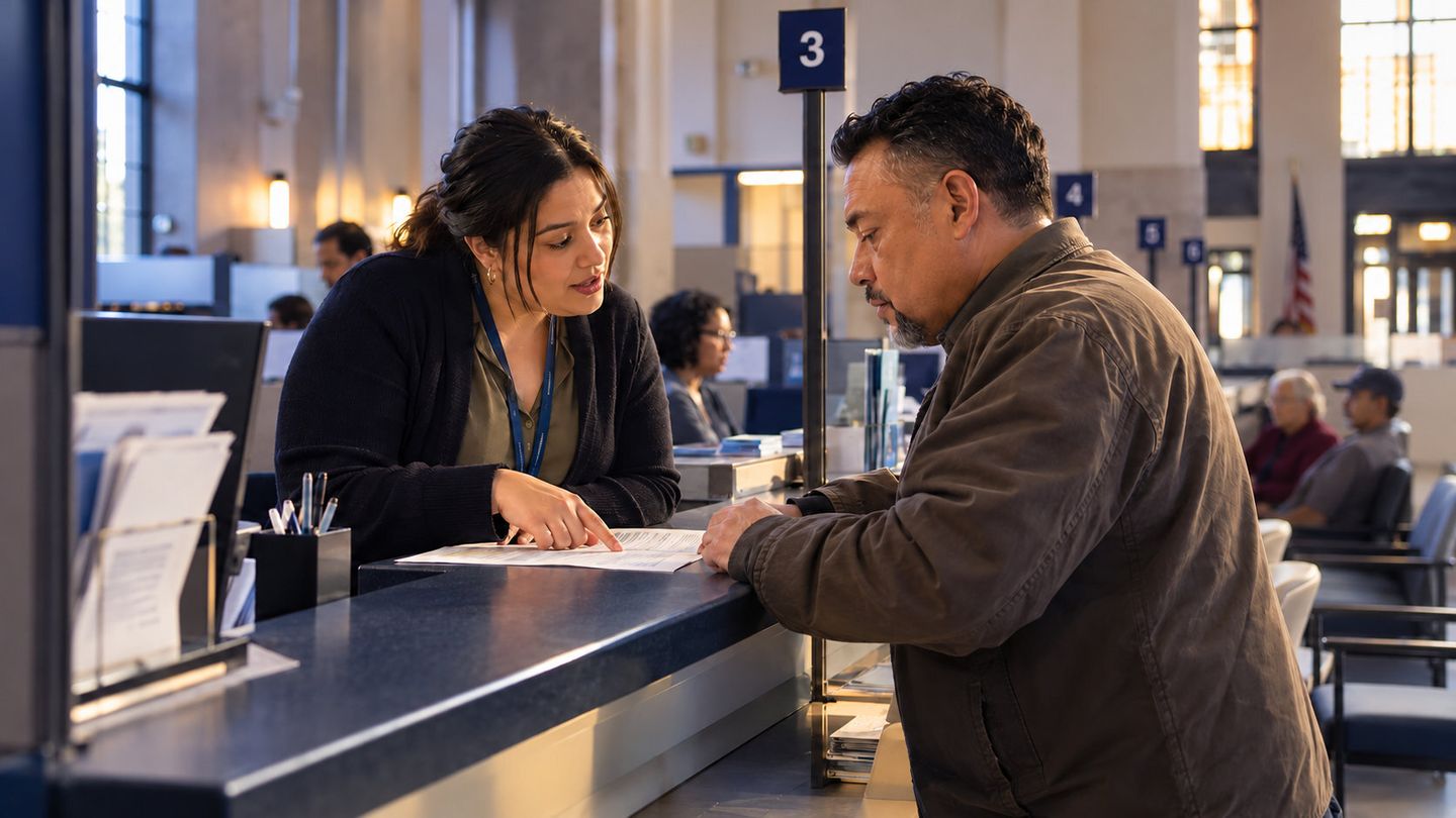 A government counter clerk points to a form on the counter while explaining it to a man standing at service window 3.