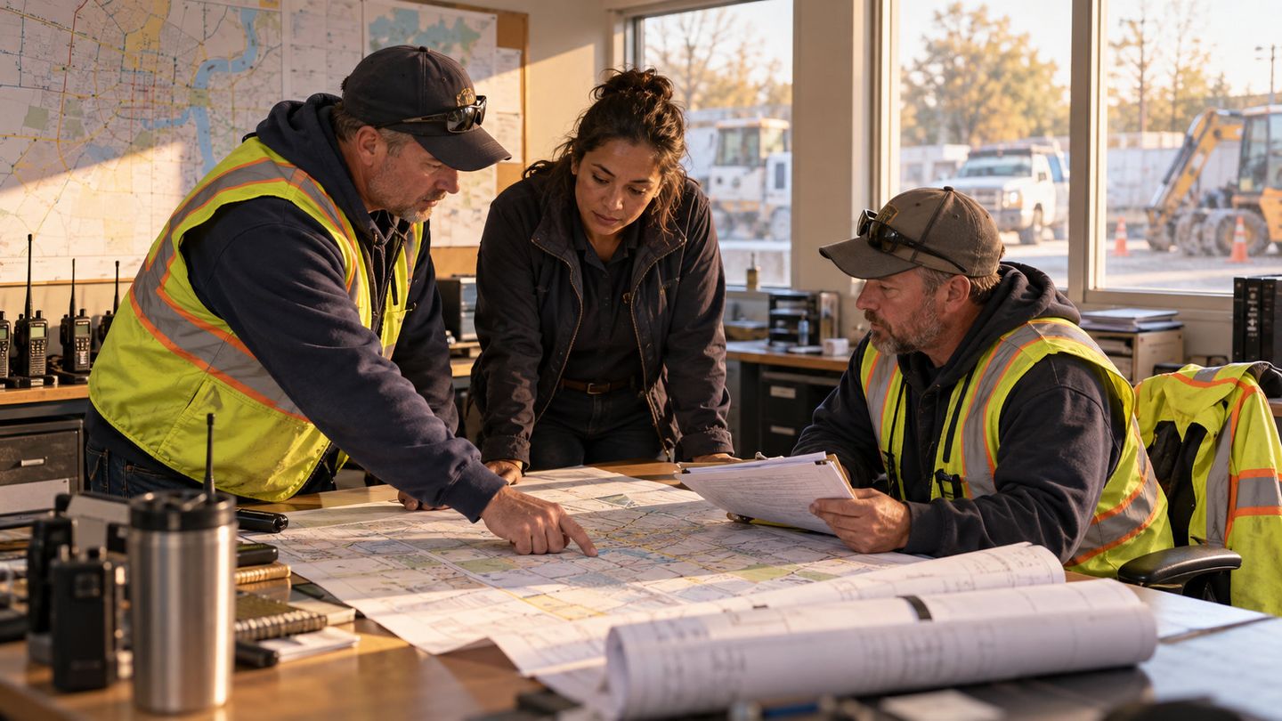 Three public works staff, two in high-visibility vests, review a large city map on a table in a field office.