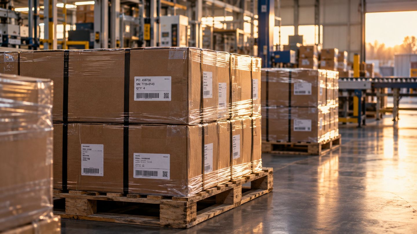 Warehouse pallets with shipping labels ready for distribution