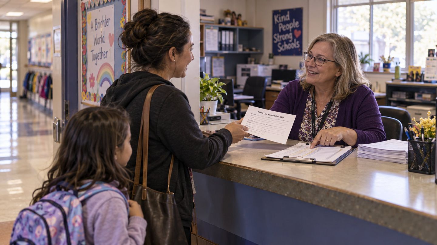 Parent and child handing a form to a staff member at a school front desk