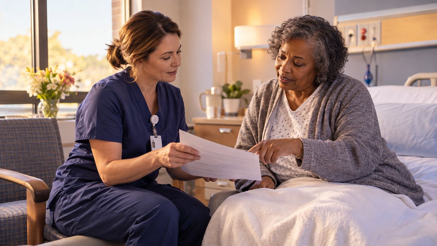 Nurse reviewing a document with an older patient at the bedside
