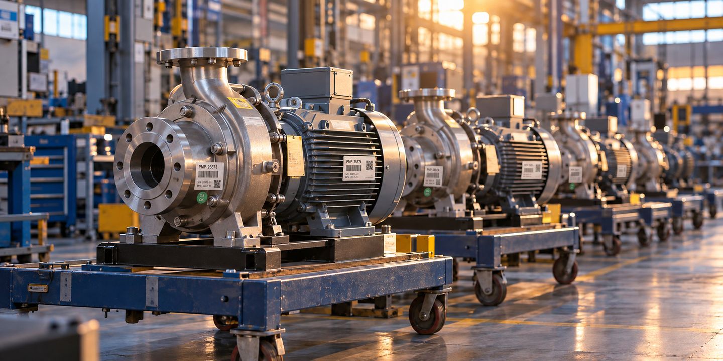 Row of industrial motors on a manufacturing assembly line