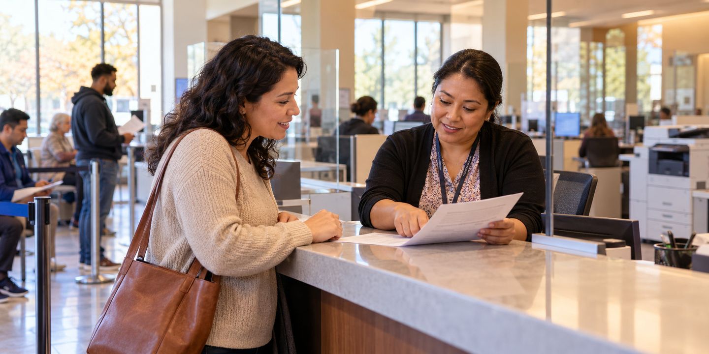 Patient checking in with a staff member at a hospital registration desk
