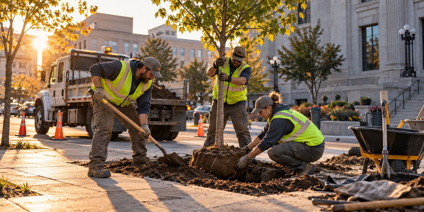 A public works crew in safety vests plants a street tree on a downtown sidewalk beside a work truck and traffic cones.