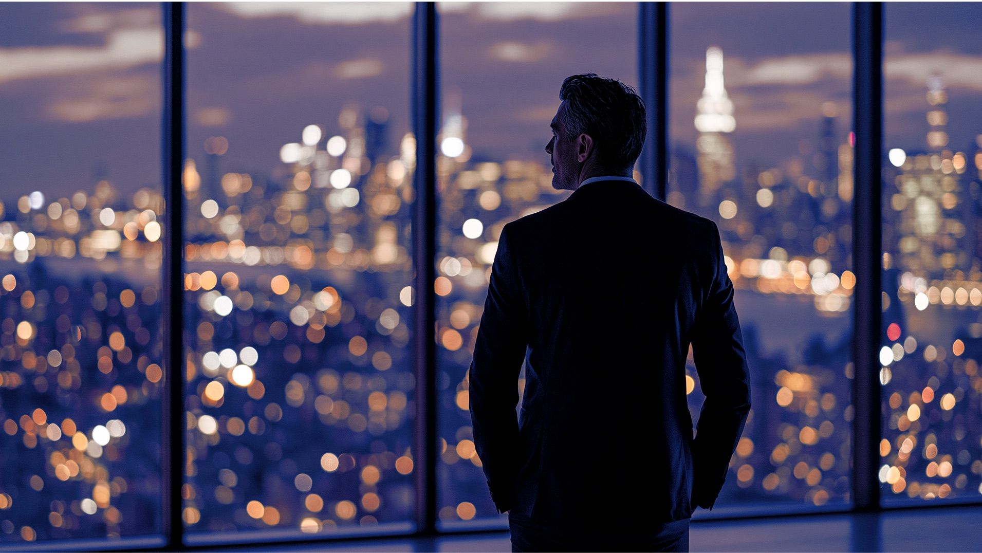 Executive looking out over a city skyline at night