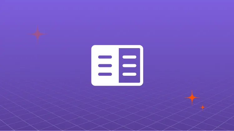 White icon of a split-screen with lines on a purple grid background, featuring orange stars.