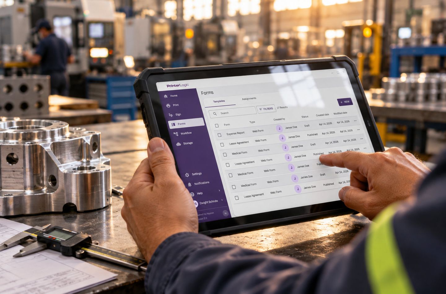 Manufacturing production manager reviewing print workflows on a tablet
