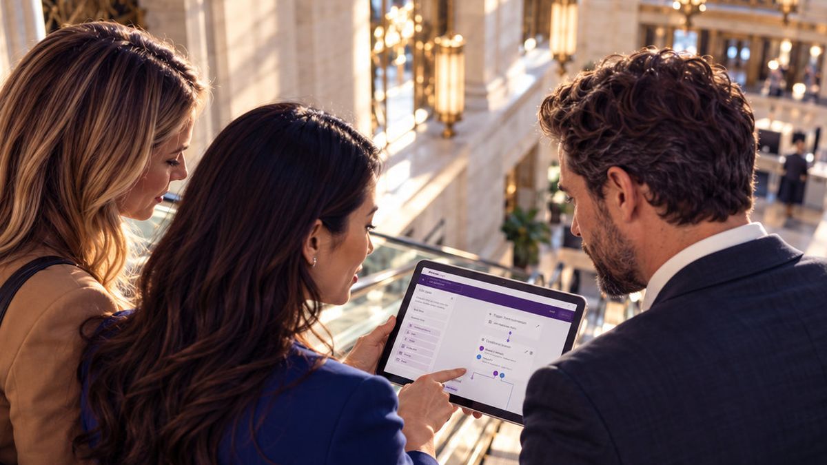 Financial team collaborating on a tablet